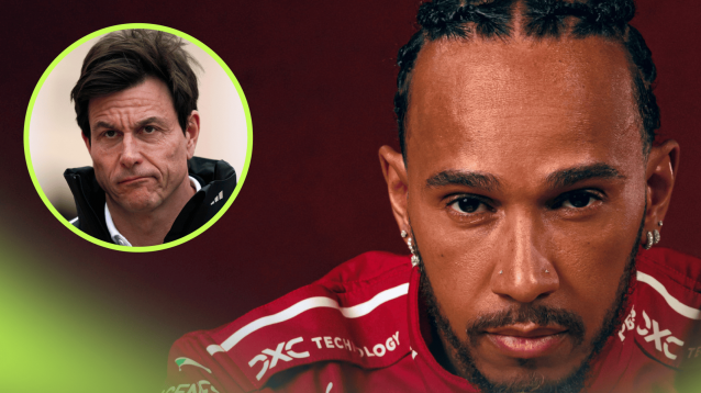 A studio shot of Lewis Hamilton in Ferrari overalls with an inset of Toto Wolff looking annoyed