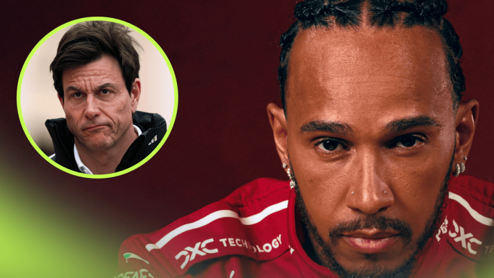 A studio shot of Lewis Hamilton in Ferrari overalls with an inset of Toto Wolff looking annoyed