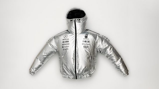 An image of Adidas' new Mercedes jacket that looks like a space suit