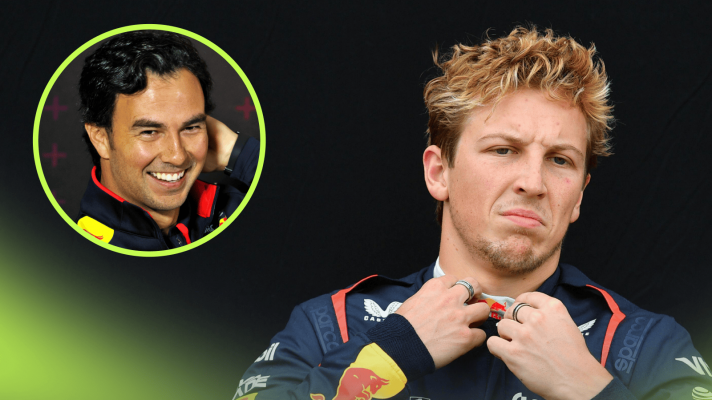 Liam Lawson looks uncomfortable in Red Bull overalls with an inset of Sergio Perez laughing