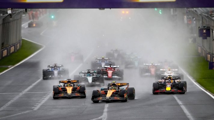 Lando Norris leads at the start of the 2025 Australian Grand Prix.