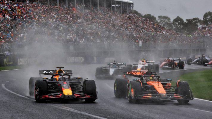 McLaren's Oscar Piastri and Red Bull's Max Verstappen battle at the 2025 Australian Grand Prix.