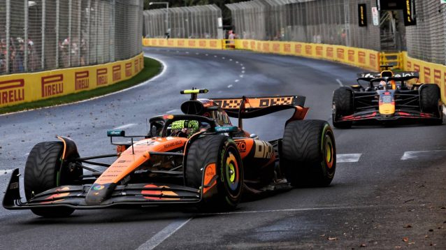 Lando Norris, McLaren, leads Max Verstappen, Red Bull, at the 2025 Australian Grand Prix