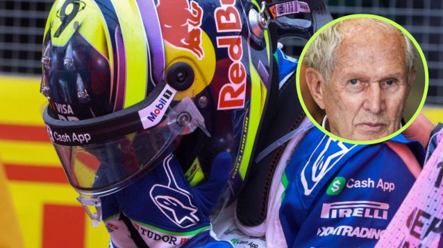 An emotional Isack Hadjar after crashing out in Australia, with Helmut Marko in a circle top right