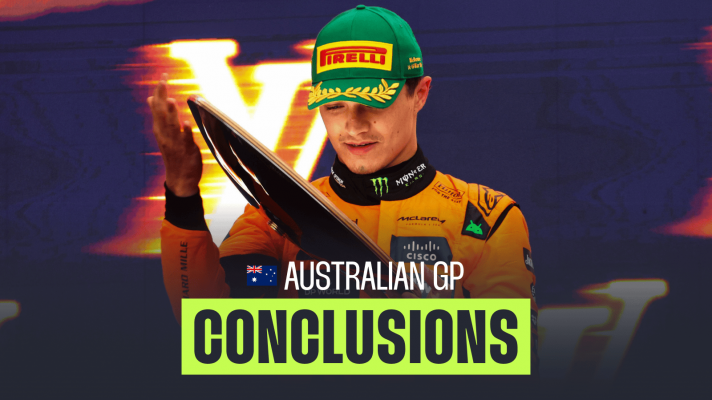 Lando Norris looks down at his trophy on the Australian Grand Prix podium with a PlanetF1.com conclusions banner positioned centre-bottom