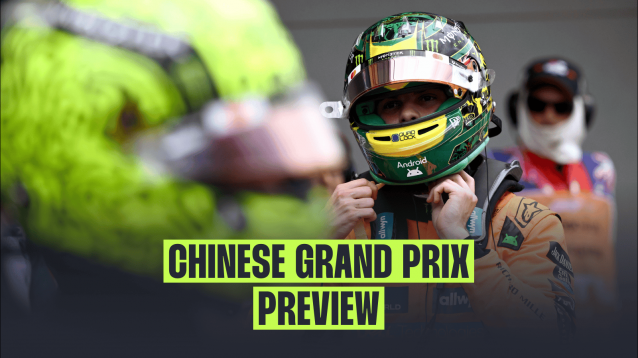 Oscar Piastri unfastens his helmet with the helmet of Lando Norris in the foreground and a PlanetF1.com banner reading: 'Chinese Grand Prix preview'