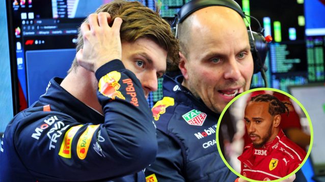 Max Verstappen and Gianpiero Lambiase speak in the Red Bull garage, and Lewis Hamilton in a circle bottom right