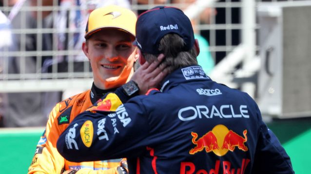 Oscar Piastri smiling with Max Verstappen
