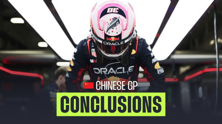 Liam Lawson looks down as he lifts himself out of his Red Bull RB21 with a PlanetF1.com conclusions banner positioned centre-bottom