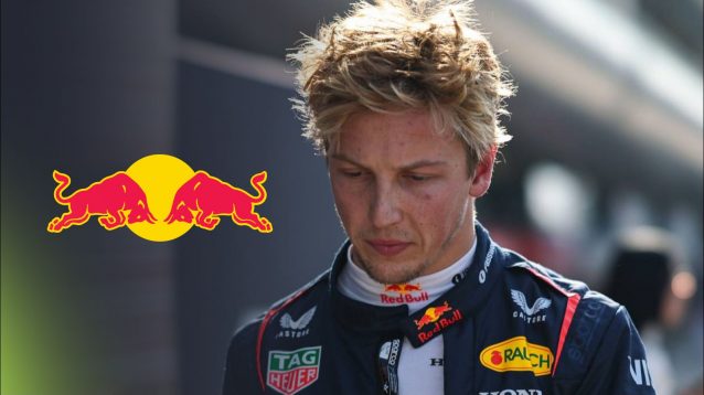 Red Bull's Liam Lawson looking downbeat in the 2025 Chinese GP paddock, with the Red Bull logo on the left