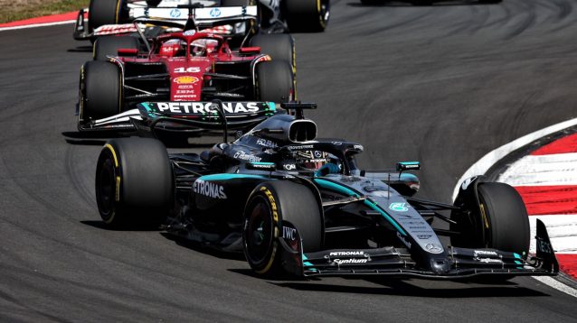 George Russell, Mercedes, ahead of Charles Leclerc in the Ferrari at the 2025 Chinese Grand Prix