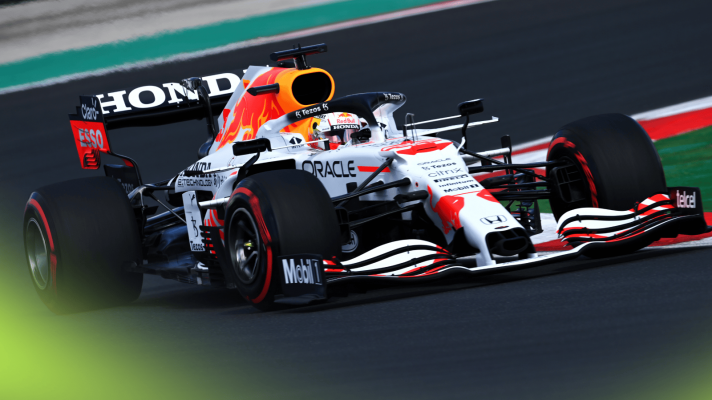 Max Verstappen in action behind the wheel of the white-liveried Red Bull RB16B at Turkey 2021