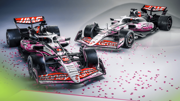 A studio shot of two Haas cars sporting a special Japanese GP livery