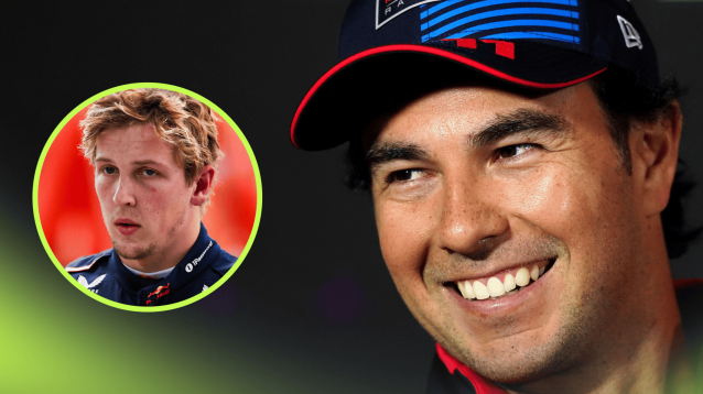A close-up of Sergio Perez smiling widely with an inset of Liam Lawson looking downbeat at Red Bull