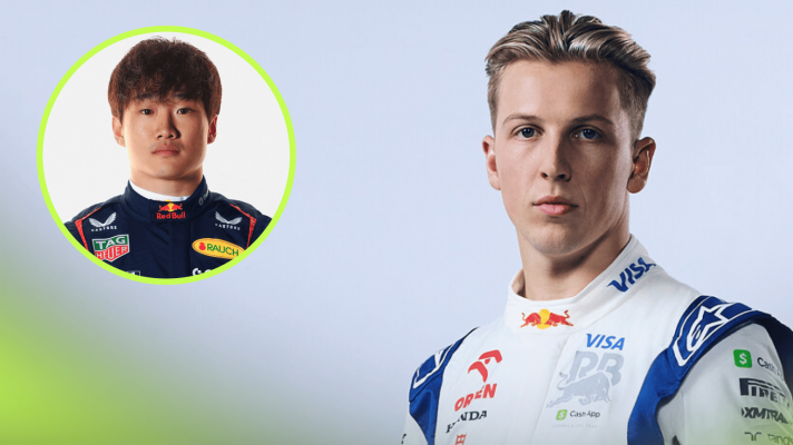 A studio shot of Liam Lawson in 2024 Racing Bulls overalls with an inset of Yuki Tsunoda posing in a Red Bull race suit