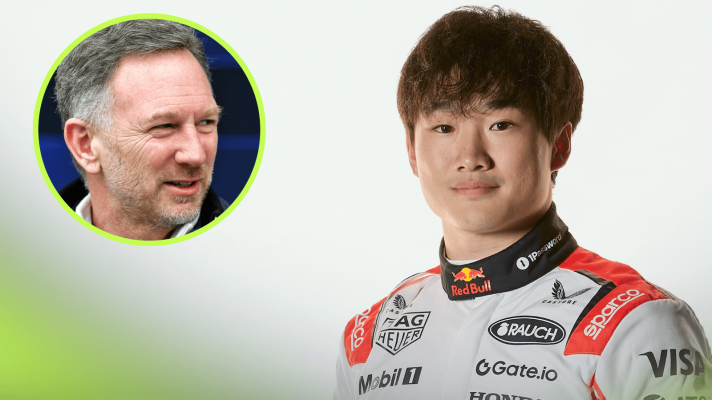 A studio shot of Yuki Tsunoda posing in Red Bull's special white overalls for the 2025 Japanese GP with an inset of Christian Horner