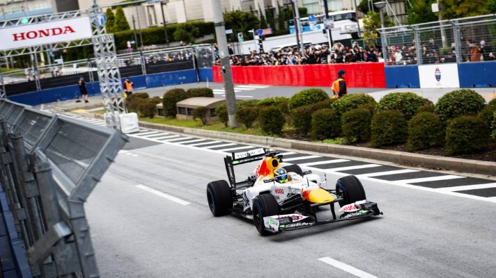 Racing Bulls' Isack Hadjar in the Red Bull x Honda Showrun in Tokyo.
