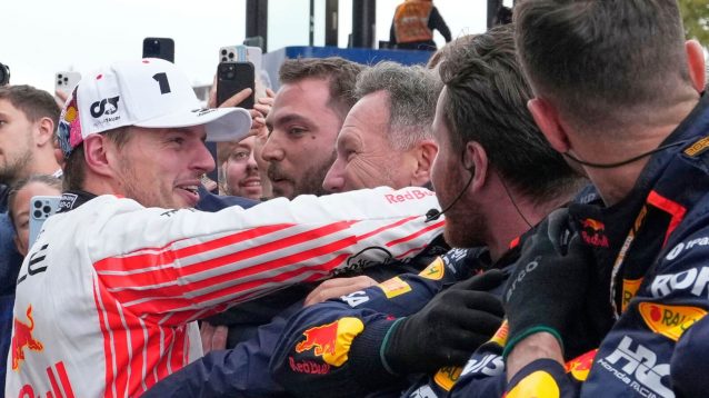 Max Verstappen celebrates with Christian Horner and Red Bull