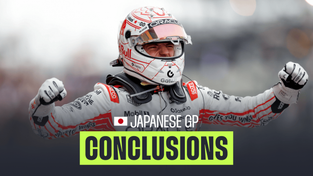 Max Verstappen punches the air with his visor open after winning in Japan with a PlanetF1.com conclusions banner positioned centre-bottom