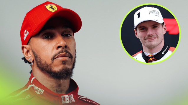 A studio shot of Lewis Hamilton in Ferrari overalls with an inset of Max Verstappen smiling