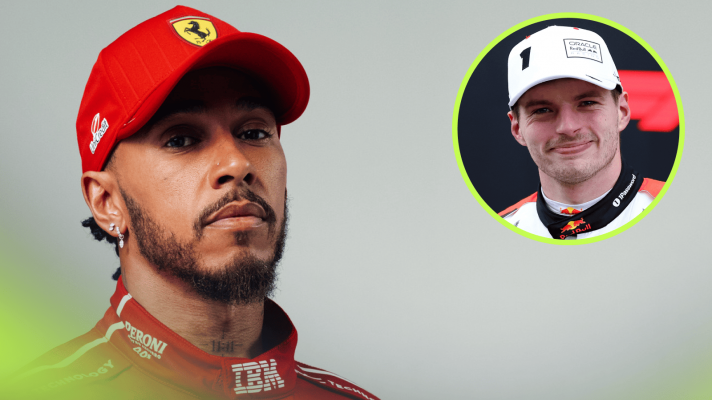 A studio shot of Lewis Hamilton in Ferrari overalls with an inset of Max Verstappen smiling