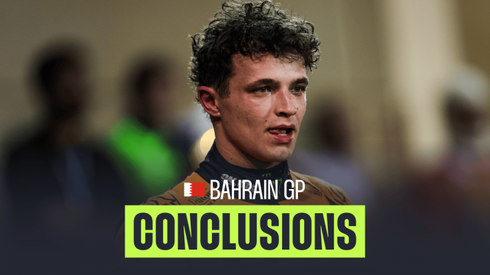 Lando Norris looks beaten in parc ferme in Bahrain with a PlanetF1.com conclusions banner positioned centre-bottom