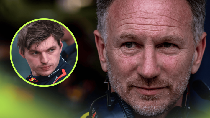 A close-up shot of Christian Horner with an inset of Max Verstappen