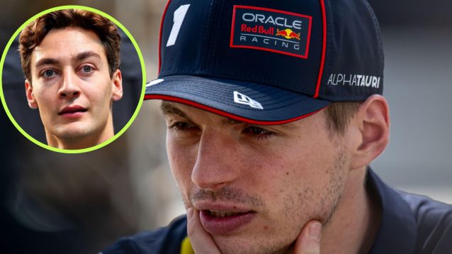 Max Verstappen in thought, with George Russell in a circle top left