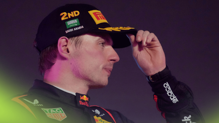 Max Verstappen wearing his Pirelli cap for second place on the Saudi Arabian GP podium