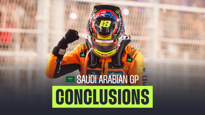 Oscar Piastri punches the air in victory with his helmet on with a PlanetF1.com conclusions banner positioned centre-bottom