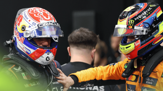 Oscar Piastri places his hand on Max Verstappen's chest after the Saudi Arabian GP