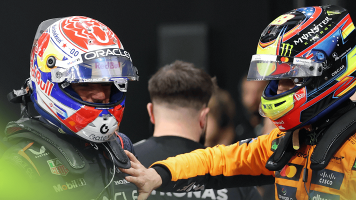 Oscar Piastri places his hand on Max Verstappen's chest after the Saudi Arabian GP