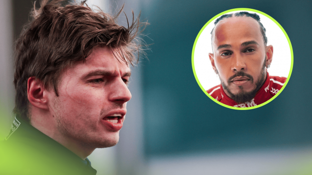Max Verstappen looks frustrated as he speaks with an inset of Lewis Hamilton alongside him