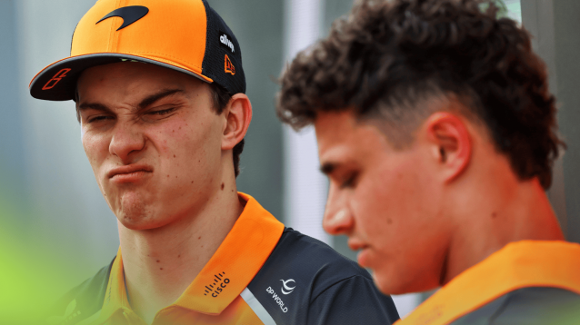 Oscar Piastri pulls a face as Lando Norris looks on in the Saudi Arabian GP paddock