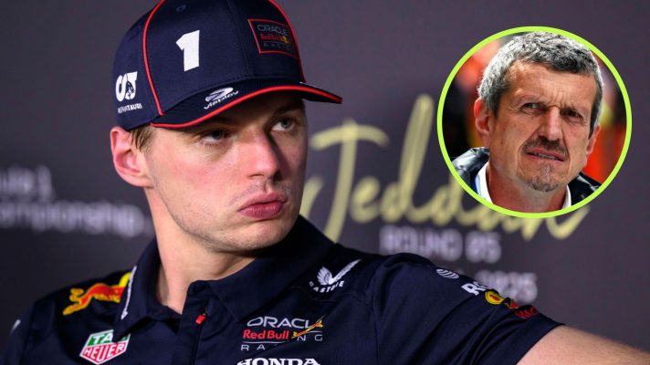 A stern Max Verstappen in the post-2025 Saudi Arabian GP press conference, looking the way of Guenther Steiner in a circle