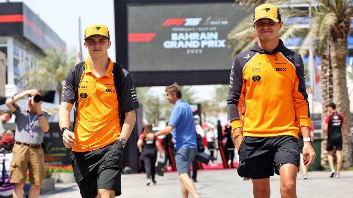 McLaren's Oscar Piastri and Lando Norris at the 2025 Bahrain Grand Prix.