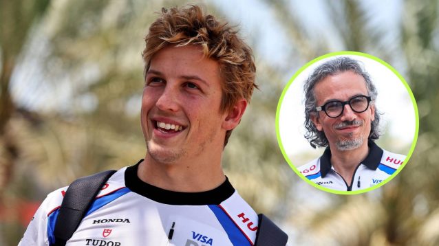 Racing Bulls' Liam Lawson, pictured with team boss Laurent Mekies.