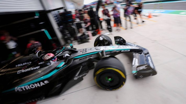 Mercedes' George Russell leaves the garage at the 2025 Miami Grand Prix.
