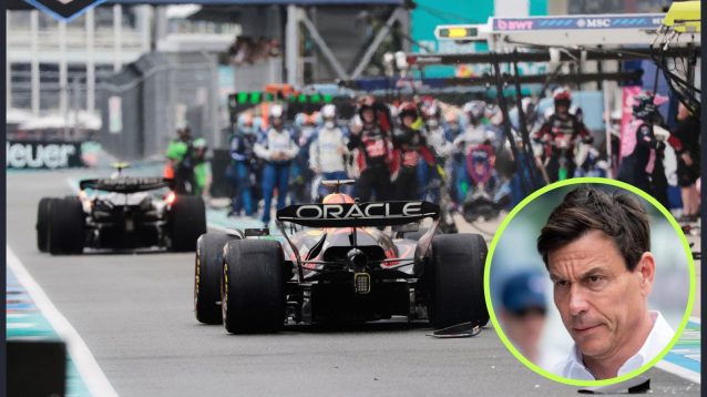 Max Verstappen drives down the pit lane after colliding with Kimi Antonelli, as a stern Toto Wolff looks from a circle bottom right