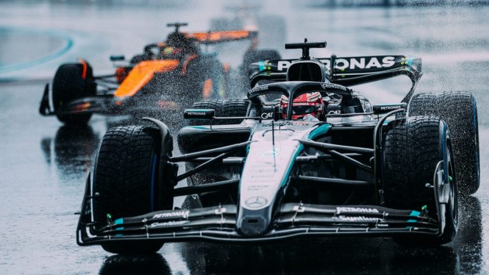 George Russell driving in the wet of Miami.
