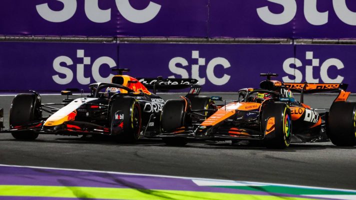 Red Bull's Max Verstappen and McLaren's Oscar Piastri battle at the start of the 2025 Saudi Arabian Grand Prix