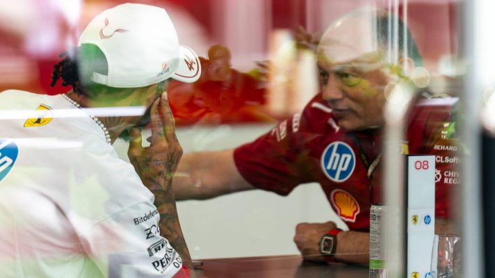 Ferrari's Lewis Hamilton and Fred Vasseur in discussion at the 2025 Miami Grand Prix