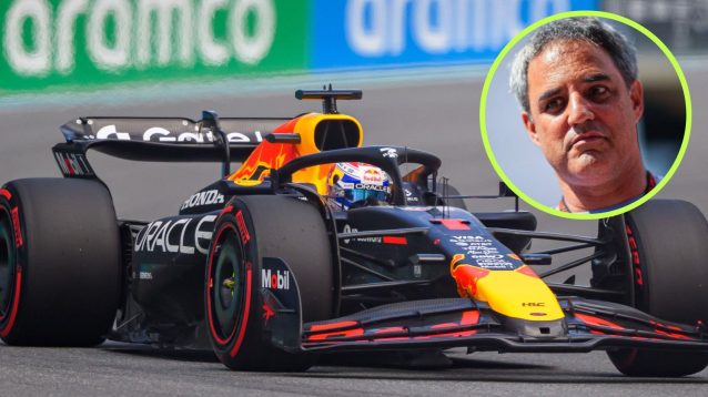 Max Verstappen driving the Red Bull RB21 at the 2025 Miami Grand Prix, as Juan Pablo Montoya looks down from a circle top right