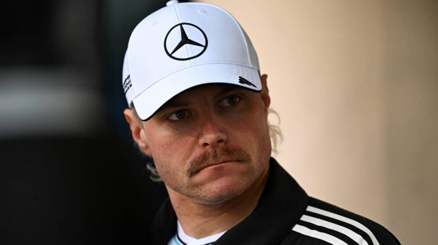 Mercedes reserve driver Valtteri Bottas looking stern at 2025 Bahrain testing