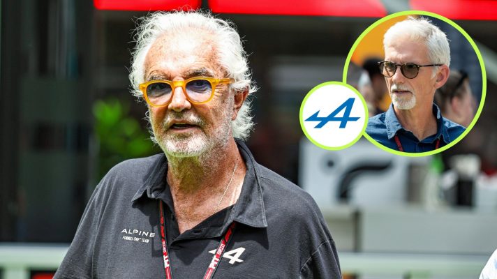 Flavio Briatore appears in the paddock with Alpine colours, with Damon Hill alongside as the inset image