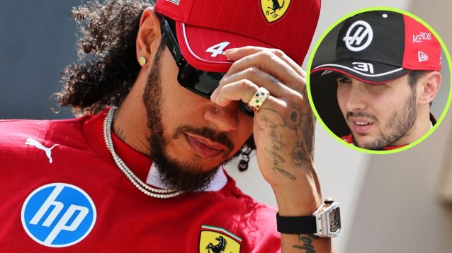 Ferrari's Lewis Hamilton adjusts his cap, as Haas driver Esteban Ocon looks his way from a circle top right