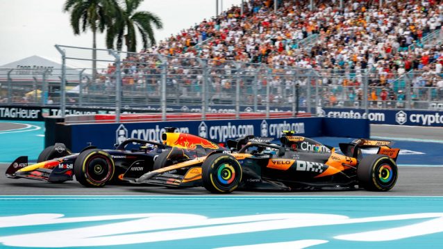 McLaren's Lando Norris and Red Bull's Max Verstappen battle in Miami.