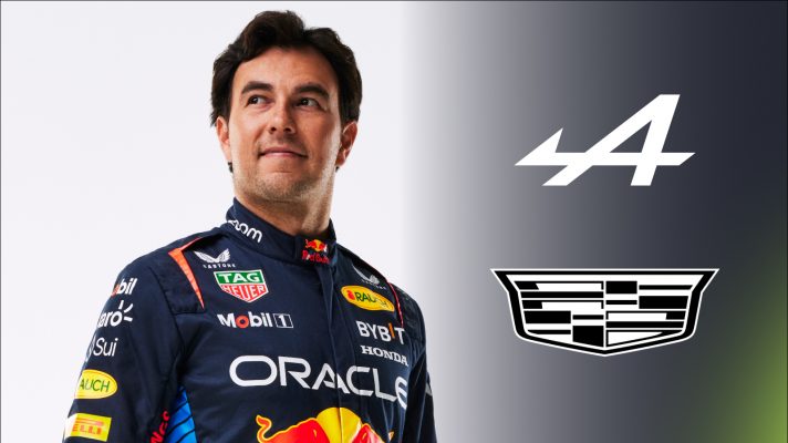 Sergio Perez with the Alpine and Cadillac badges.