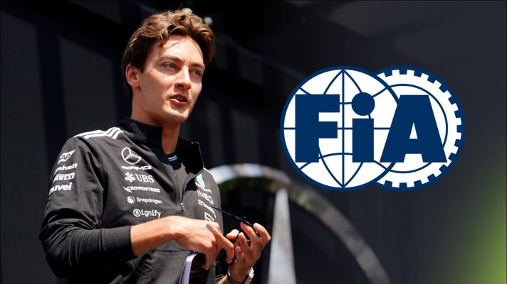 George Russell and the FIA logo