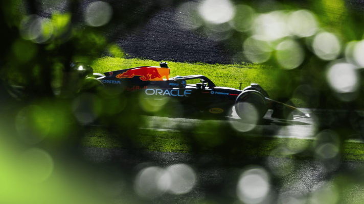Max Verstappen's Red Bull RB21 framed by the trackside greenery at Imola